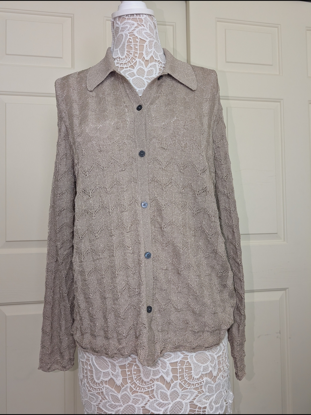 Boden Champagne Chevron Open Weave Sparkle Knit Polo M